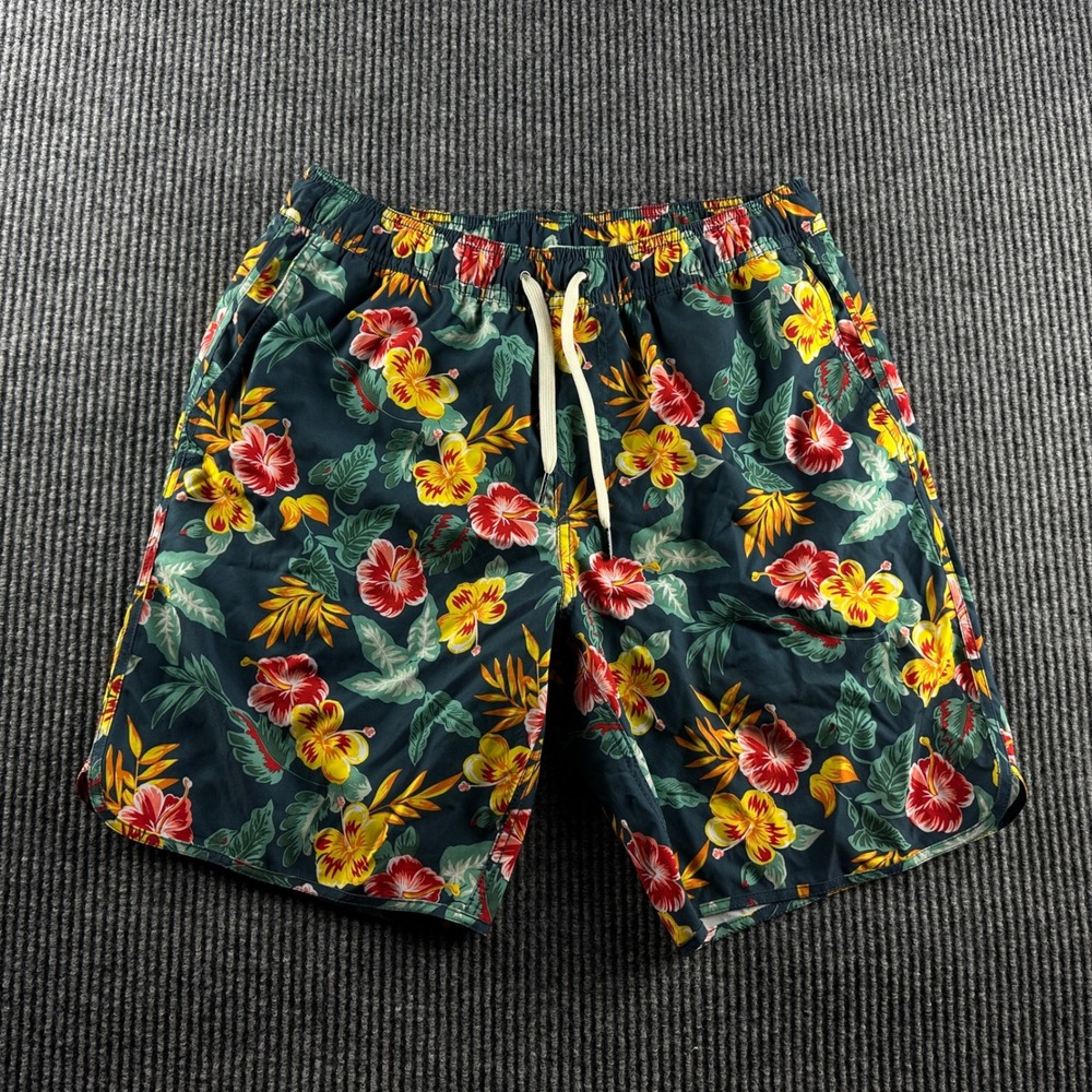 Fair Harbor Mens Tropical Hibiscus Floral Swim Shorts Teal Red Yellow Size M